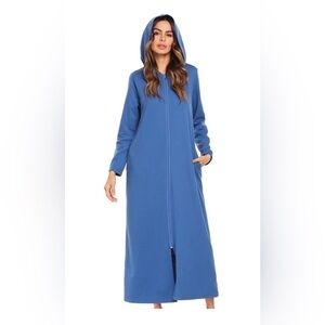 Blue Long Sleeve Hooded Zip-Up House Dress